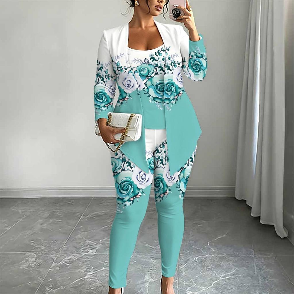 Plus Size Floral Print 3 Piece Outfit, Long Sleeve Open Front Cardigan Cami Top Leggings Set for Women