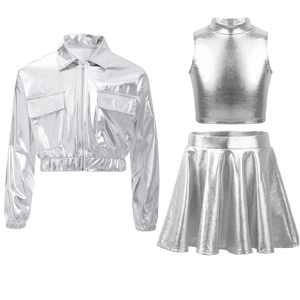 Metallic Shiny Jacket Set for Girls: Turn-Down Collar Long Sleeve Coat with Turtleneck Tank & High Waist A-Line Skirt