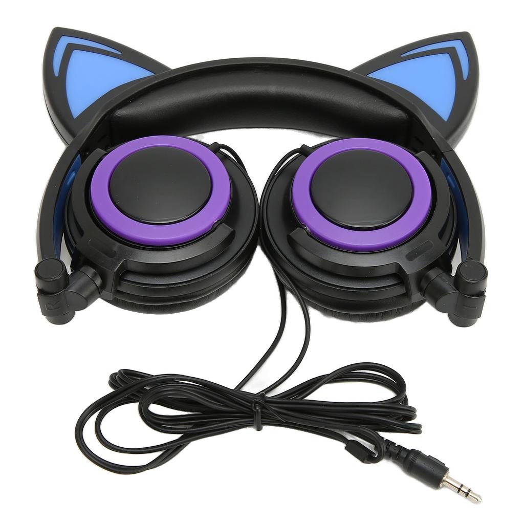 Cat Ear Wired Headphone Noise Reduction Cute Kids Cartoon Headset with LED Light for Tablets