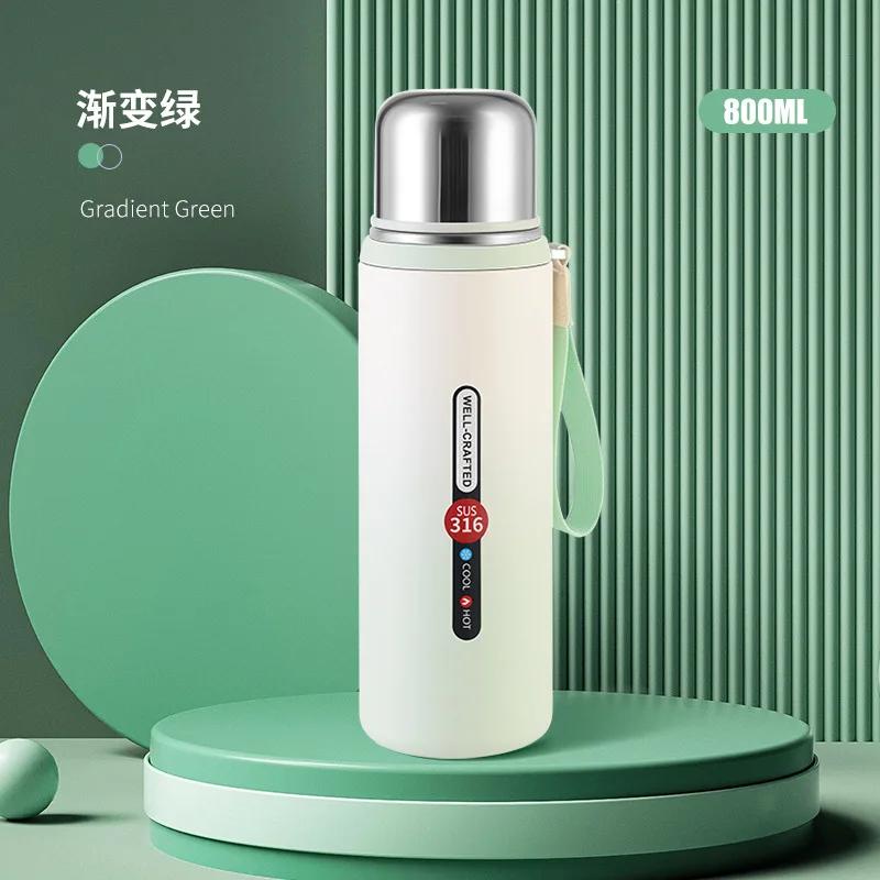 600/800ml 316 Stainless Steel Insulated Water Bottle, Leakproof Outdoor Flask with Carry Strap for Hiking