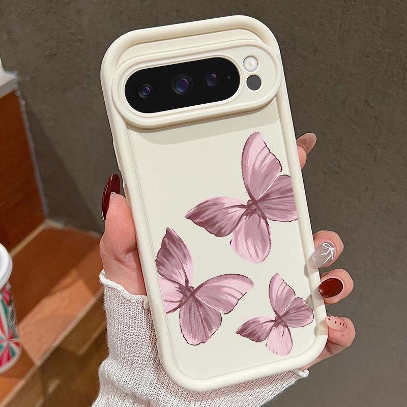 Capa Fosca Antichoque com Padrão de Borboletas em Cor Sólida para Google Pixel 9 Pro XL 8 Pro 8A TPU Macia Proteção de Lente Capa de Telefone
