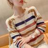 Women's Spring Autumn Hollow Color Striped Knitted Top Loose Fit Cropped Bat Top Thin Cover Ups
