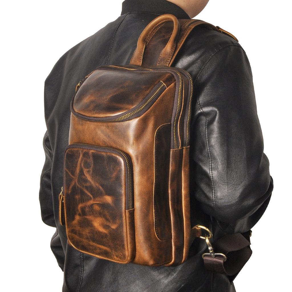 Top Layer Crazy Horse Leather Cowhide Men's Retro European and American Outdoor Multi Purpose 12 Inch Mobile Chest Bag Crossbody Bag