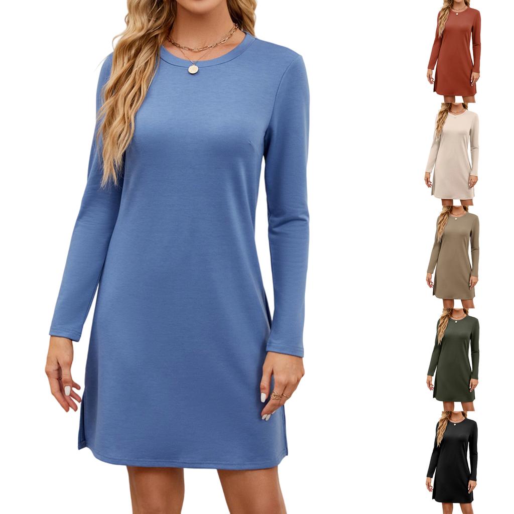 Women's Casual Round Neck Hem Slit Long Sleeve Dress