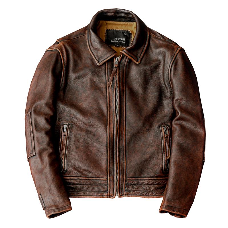 Genuine Top Grain Leather Jacket Men Vintage Biker Short Coat Distressed Motorcycle Fashion