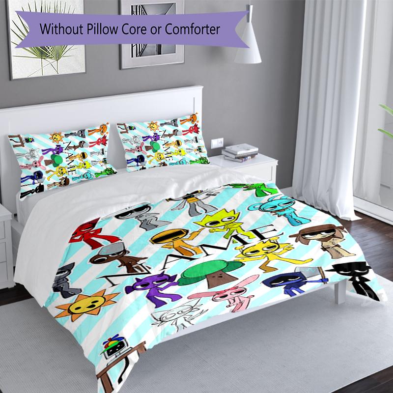 3pcs Custom Name Game Sprunki Set,Includes 1 Duvet Cover and 2 Pillowcases,All-season Bedroom Decor