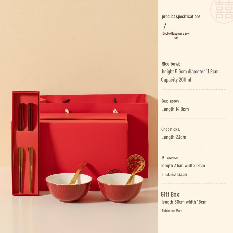 Double Happiness Wedding Bowl & Chopsticks Set: Creative Red Ceramic Gift for Newlyweds