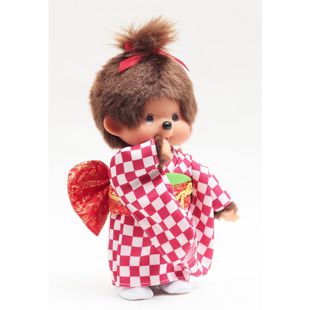 Kyugetsu Official Original Monchhichi Doll in Kimono, Girl, Checkered Pattern, Red IPM-13-Z