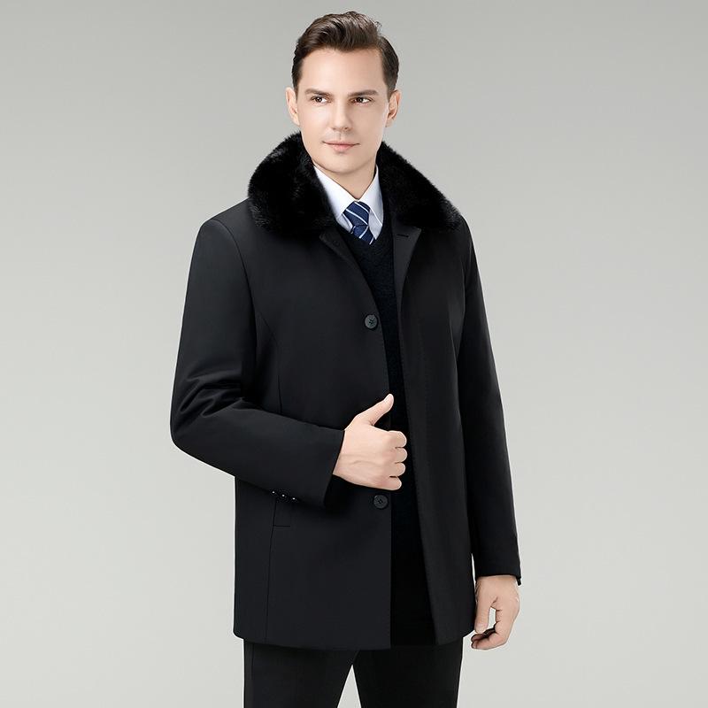 Men's Mink Fur Collar Down Jacket with Detachable Liner, White Duck Down, Autumn/Winter 2025, Middle-Aged Dad Cold Protection Coat.