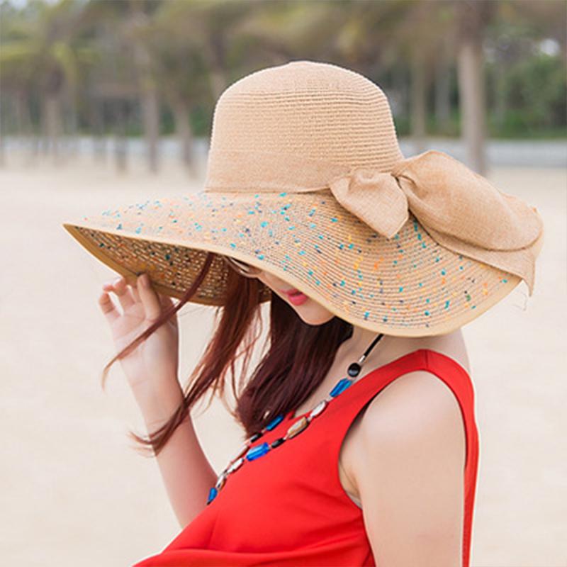 Summer Women Big Brim Straw Bow Hat Sun Fashion Wide Brim Floppy Panama Cap Outdoor Foldable Uv Protect Travel Femme Beach Hats