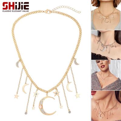 Stern Mond Quaste Anhänger Halskette - Inkrustierter Diamant Choker Schlüsselbeinkette