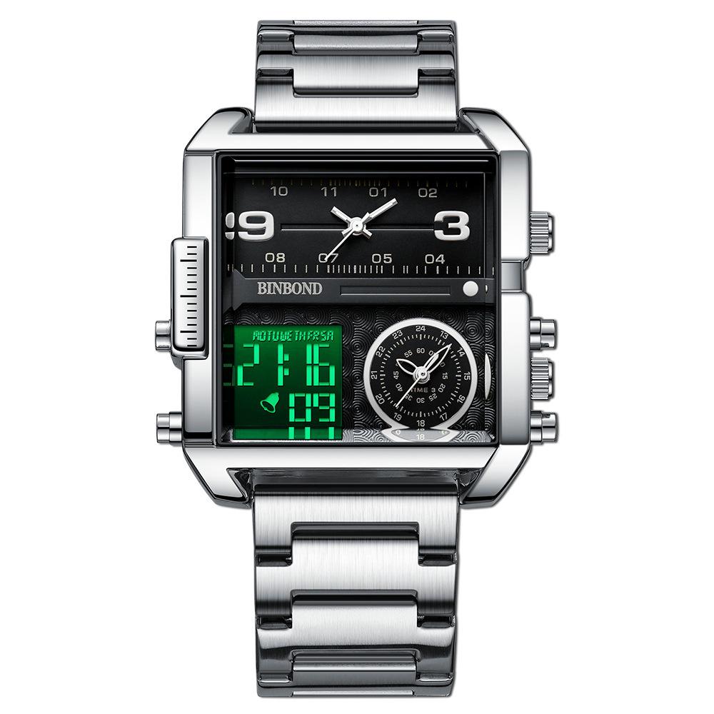 Binbang Fashion Men's Domineering Quartz Watch with Large Square Dial and Triple Display