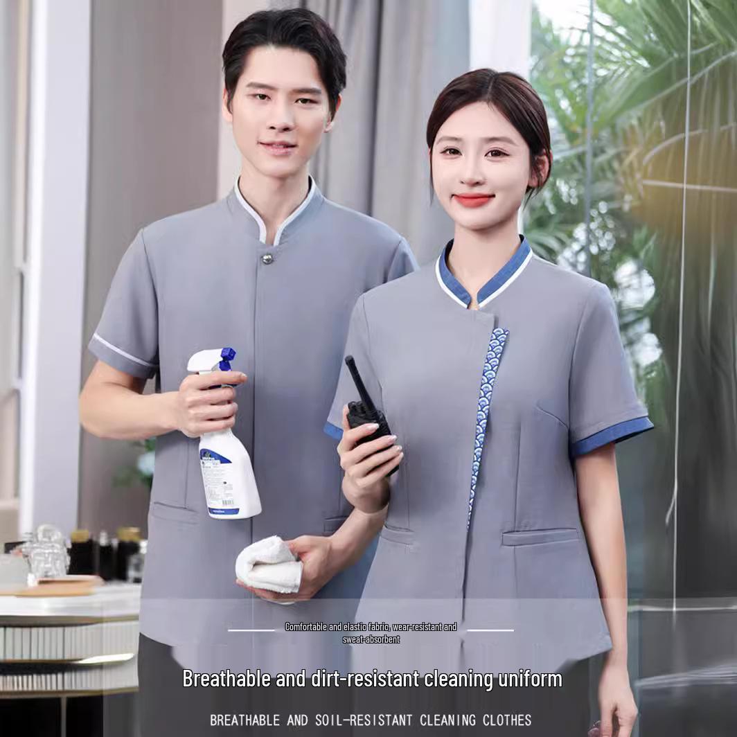 

Chinese Style Short Sleeve Cleaning Uniform for Hotel and Office Staff 2XL