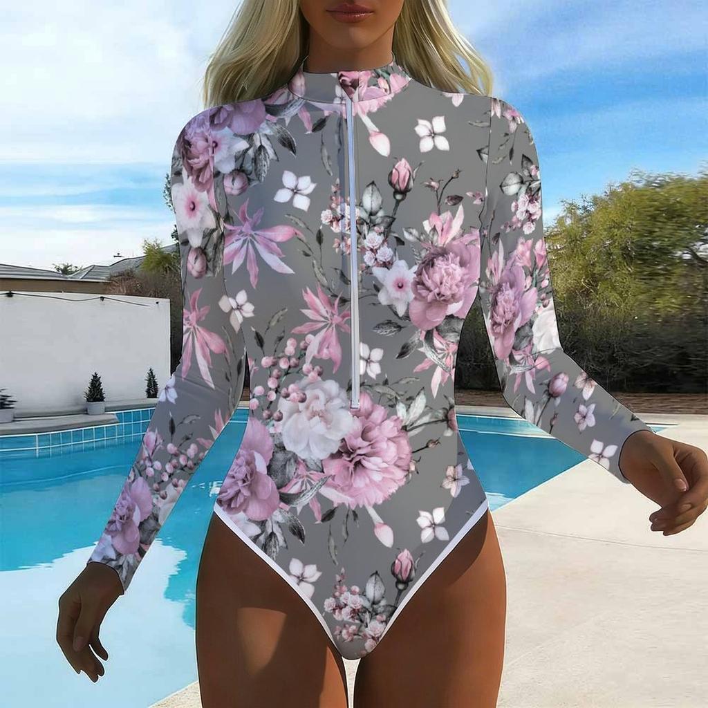 Women Long Sleeve One Piece Swimsuit Zip Front Ink and Wash Flowers Print Rash Guard Surfing Bathing Suit