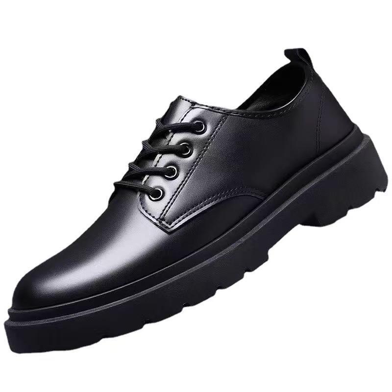 Men's British Style Leather Business & Casual Shoes - Thick Sole, Trendy, Versatile Lace-up for Work or Student Wear