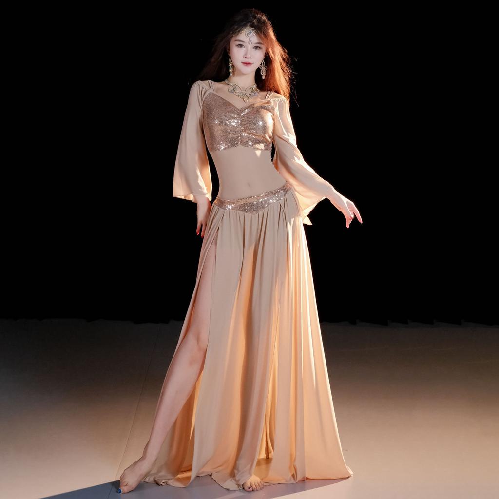 Women Belly Dance Costume Set Sequined Off Shoulder Long Sleeve Top Chiffon Split Skirt Oriental Dance Practice Outfit