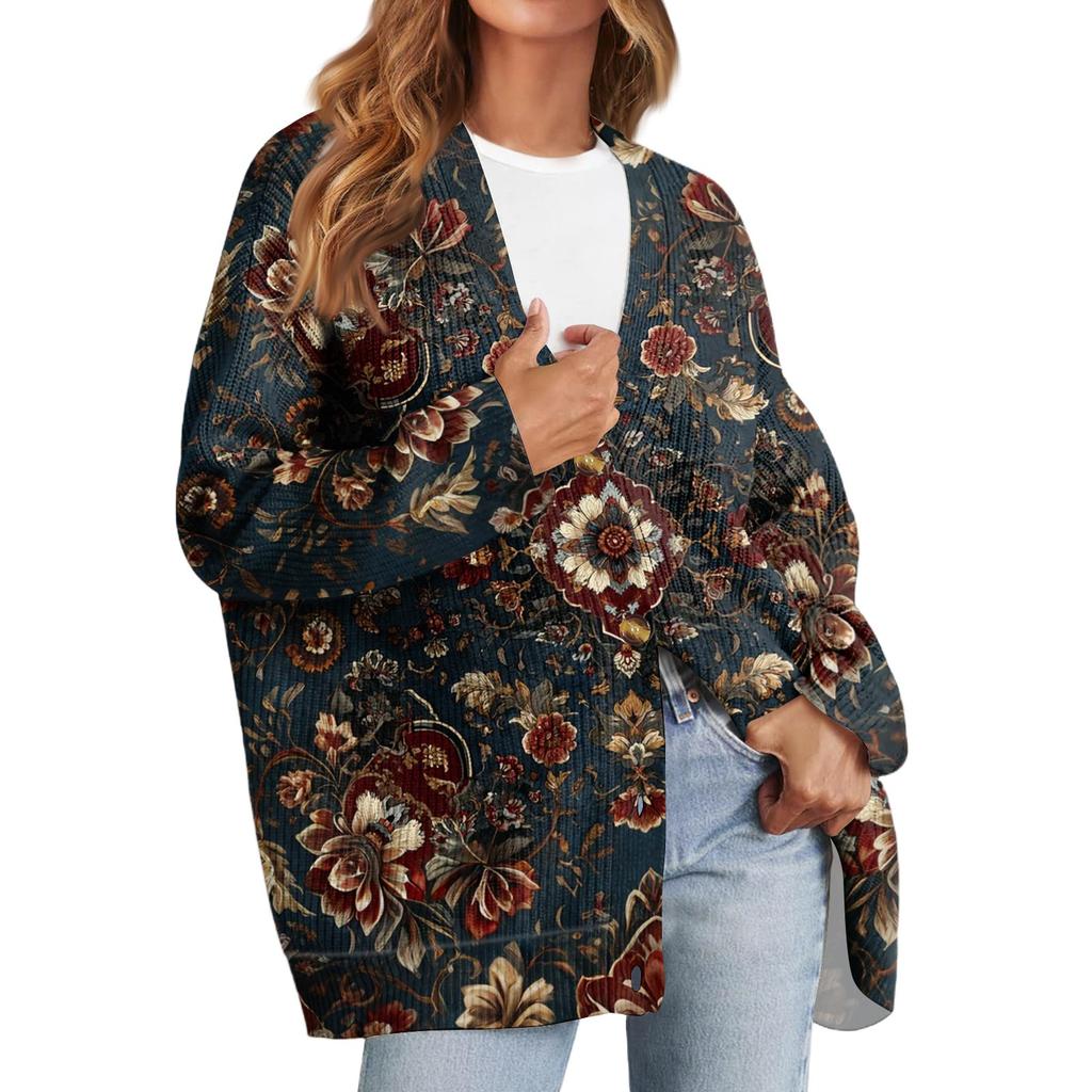 Women's Fashion Long Sleeve Print V-Neck Button Loose Cardigan Top