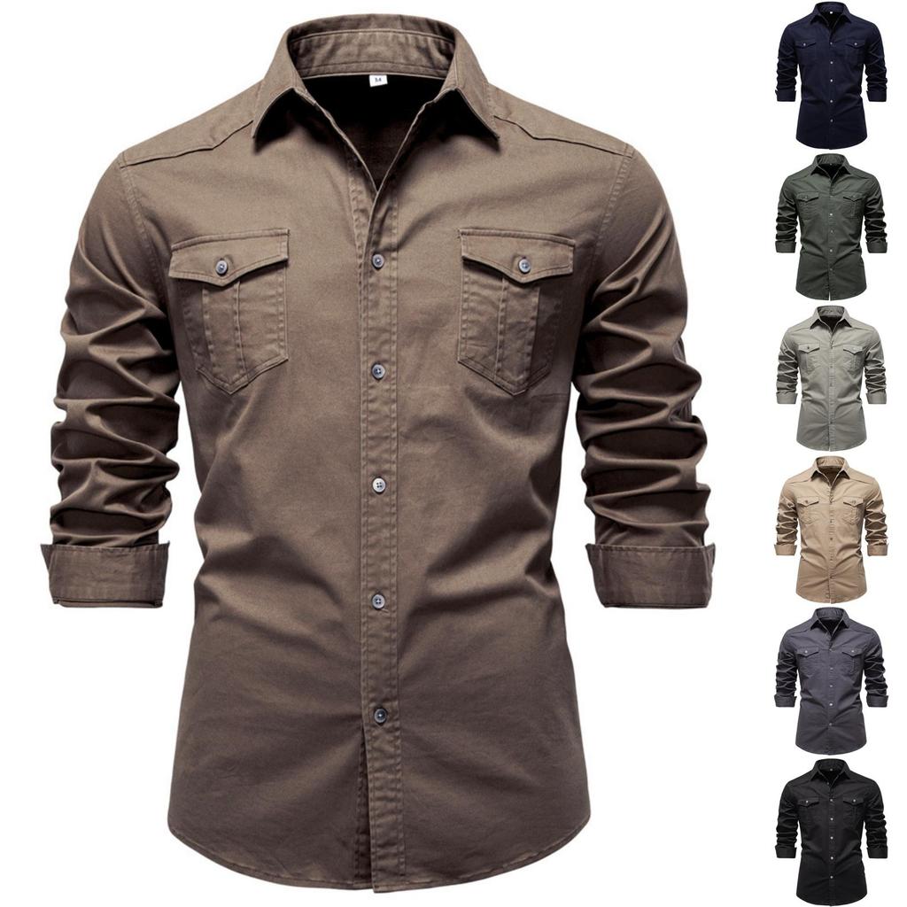 Men's -color Casual Fashionable Long-sleeved Button-down Work- Collar Shirt