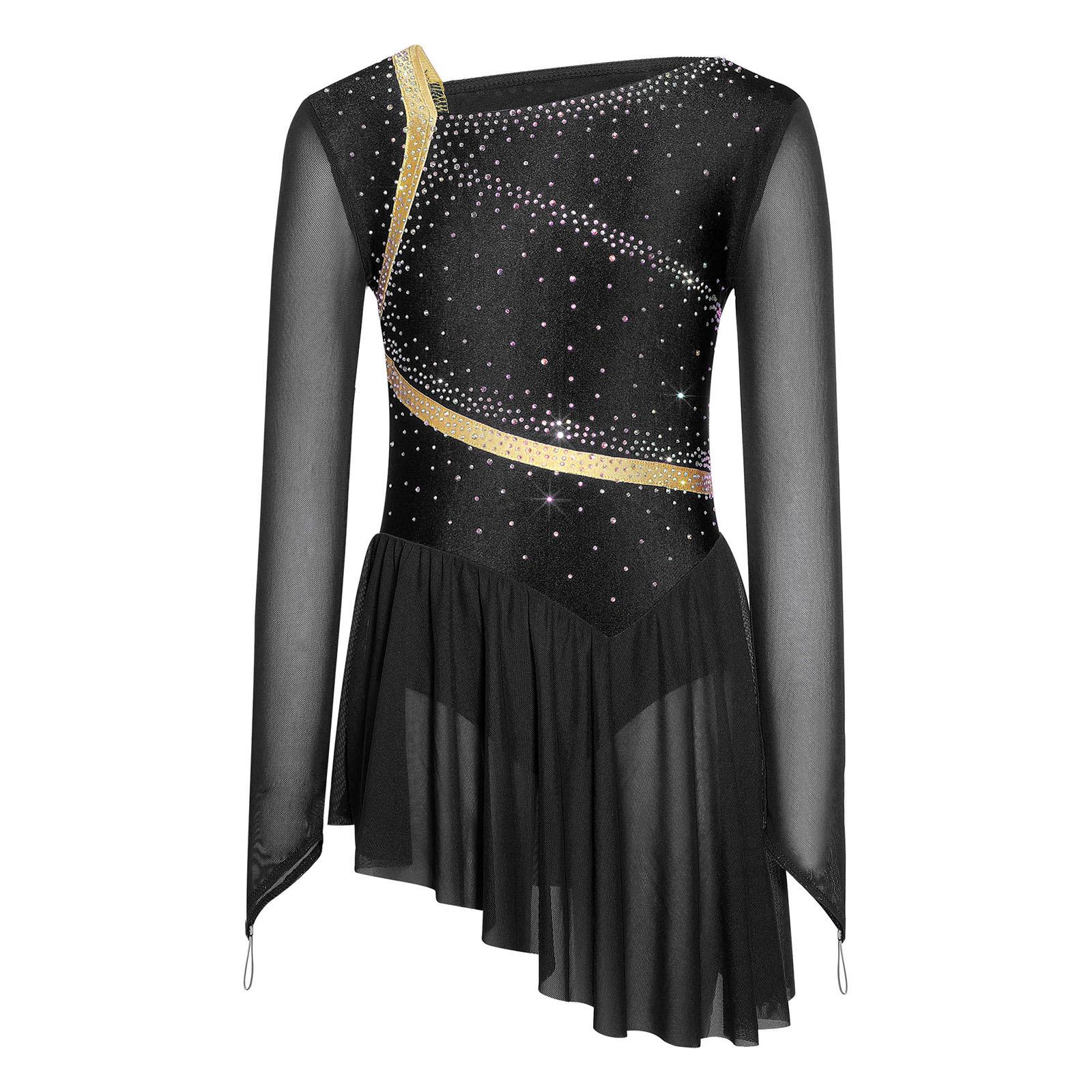 

Girls Mesh Long Sleeves Strappy Back Shiny Rhinestones Asymmetrical Figure Skating Dress Built-in Briefs Dancewear 5-6 Years чорний