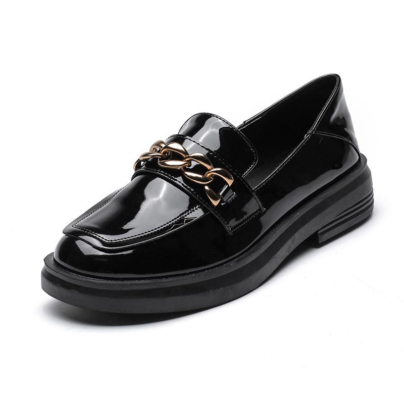 2021 New Women's JK British Style Black Leather Loafers - Square Toe, Thick Soles and Heels, Plus Velvet, Flat Design