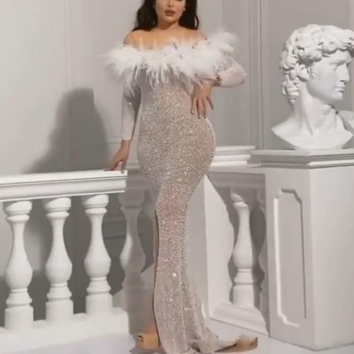 New European and American women's ebay dress, sexy gold-sprinkled feather split hip banquet evening dress
