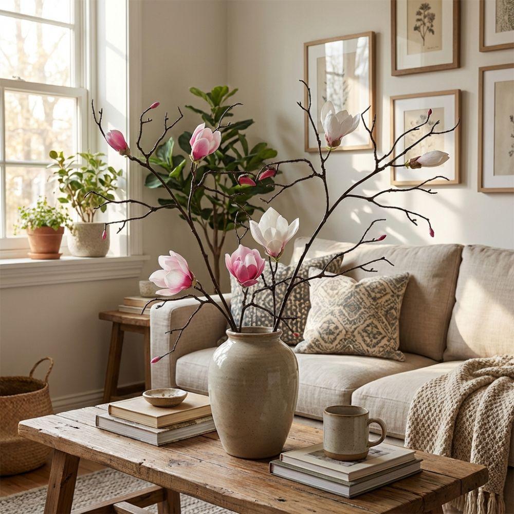 Large Artificial Magnolia Flower Handmade Realistic Faux Magnolia Branch Real Touch Plastic Fake Silk Flower Party Favors