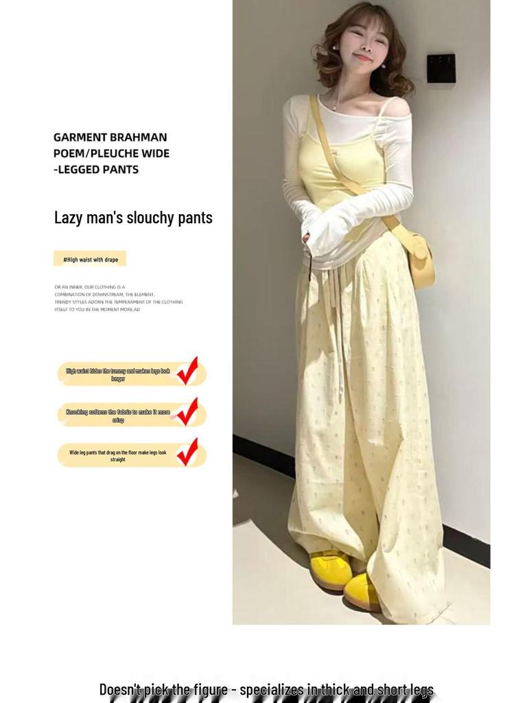 Dopamine Yellow Polka Dot High-Waisted Wide-Leg Pants for Women, Petite, Spring/Autumn 2025, Lightweight, Floor-Length