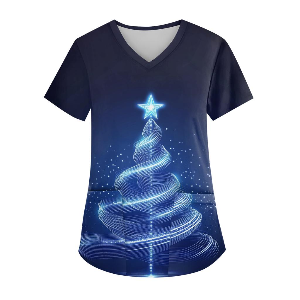 Women's V-neck Christmas Print Short-sleeved Pocket Side Slit Uniform Top
