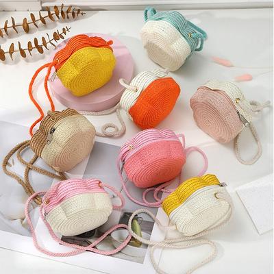 Fashion Flower Woven Crossbody Bag Children's Straw Shoulder Bags Bicolor Beach Bag Coin Purse Hat Shape Bag
