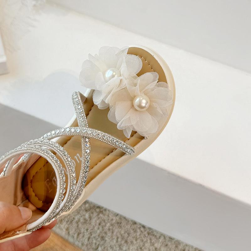 Girls' Fashion Flower High Top Sandals Summer Soft Bottom Medium Large Children's Water Diamond Pearl Princess Shoes