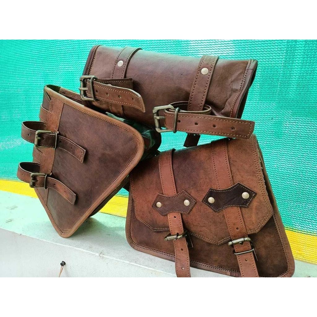 Motorradtaschen aus Leder 3 Seitentaschen ( 2 Satteltaschen + 1 Werkzeugtasche)
