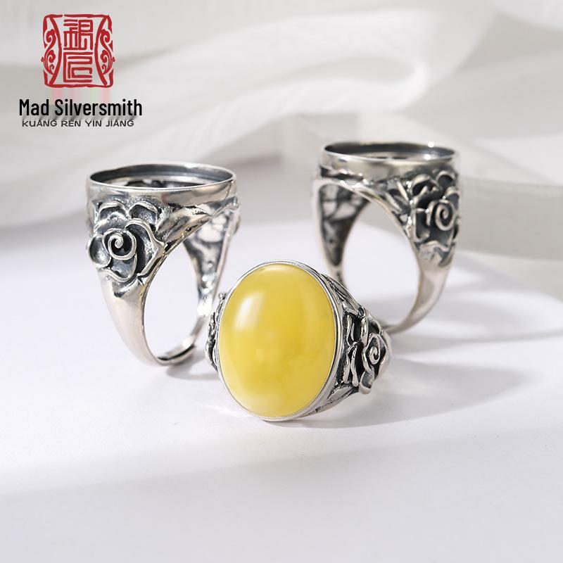

Vintage Rose Flower Adjustable Women s Ring with 925 Sterling Silver, Inlaid Amber Beeswax, Silver Setting 13*17 Adjustable