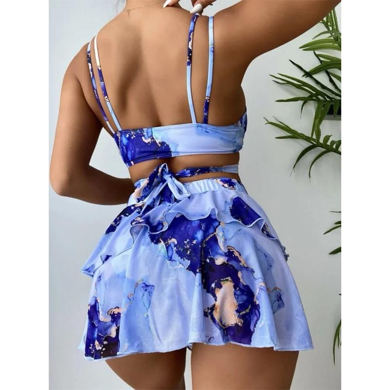 Sexy Bikini 2025 Mujer Skirt Swimsuit Women Blue Marple Print Cover Up 3 Piece Swimwear Beach Bathing Suit Swimming Suit Biquini