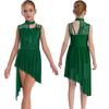 Girls Sleeveless Mock Neck Leotard Dress – Asymmetrical Shoulder Floral Lace with Rhinestones, Irregular Hem for Lyric Dance
