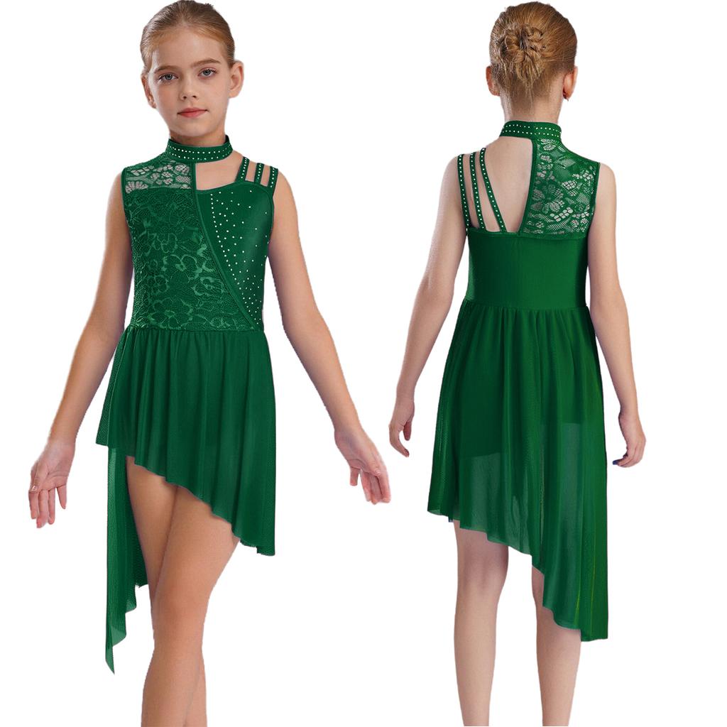 Girls Sleeveless Mock Neck Leotard Dress – Asymmetrical Shoulder Floral Lace with Rhinestones, Irregular Hem for Lyric Dance