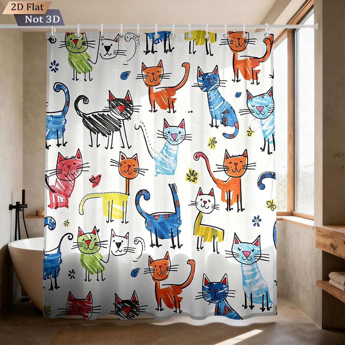 

1Pc Cartoon Color Abstract Kitten Print Waterproof Shower Curtain Partition Privacy Hanging Curtain Multiple Size And 12 Hooks W60H190(CM)-1 Pcs