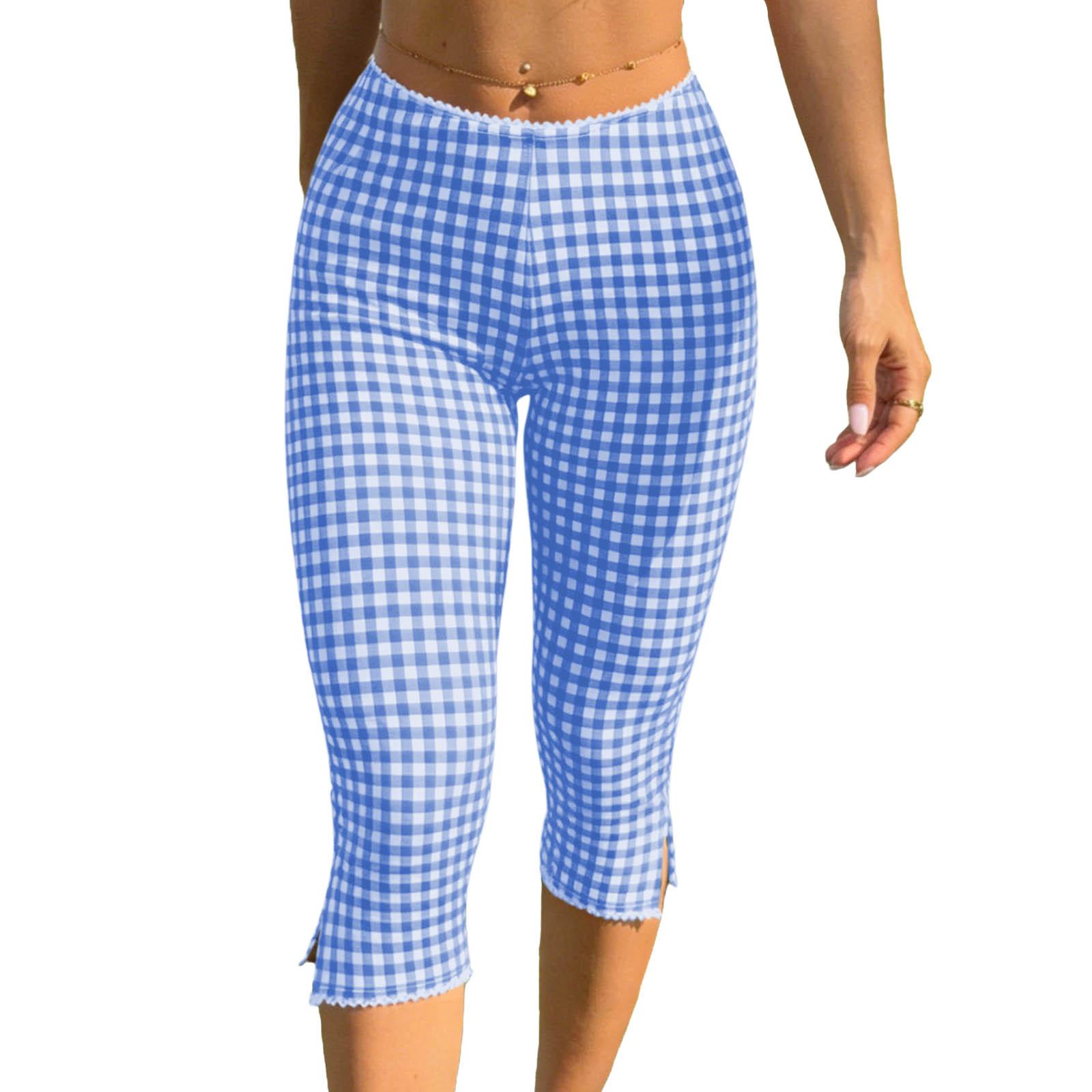 

Women s Fashion Check Print Ruffle Split Casual Seven-Eighths 7/10 Pants S світло-синій колір