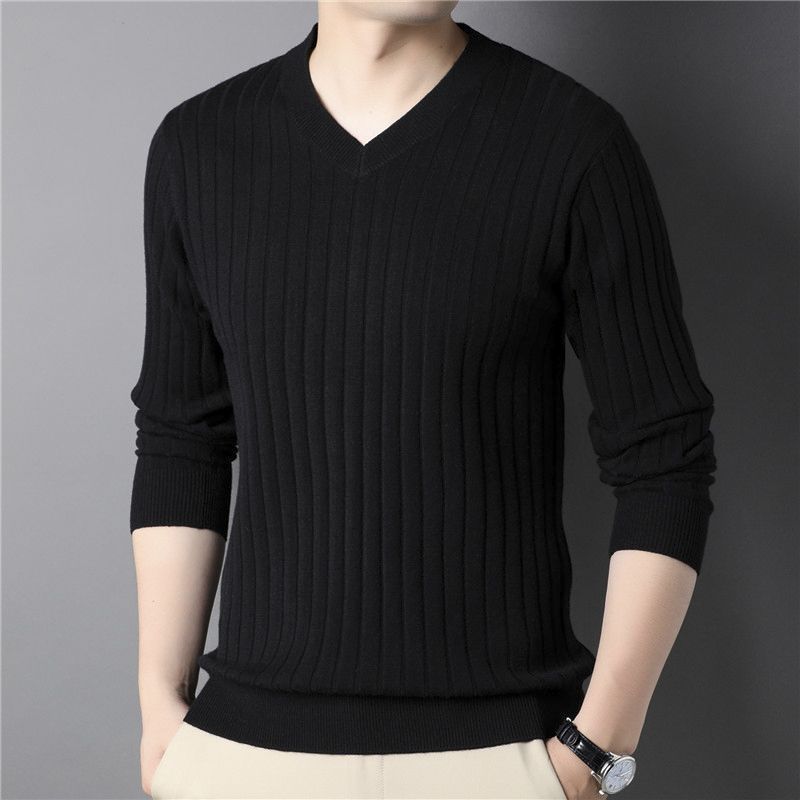 Korean Trend Fashion Autumn Winter Sweaters Men Solid V-Neck Screw Thread Smart Casual Long Sleeve Slim Pullovers Knitted Tops