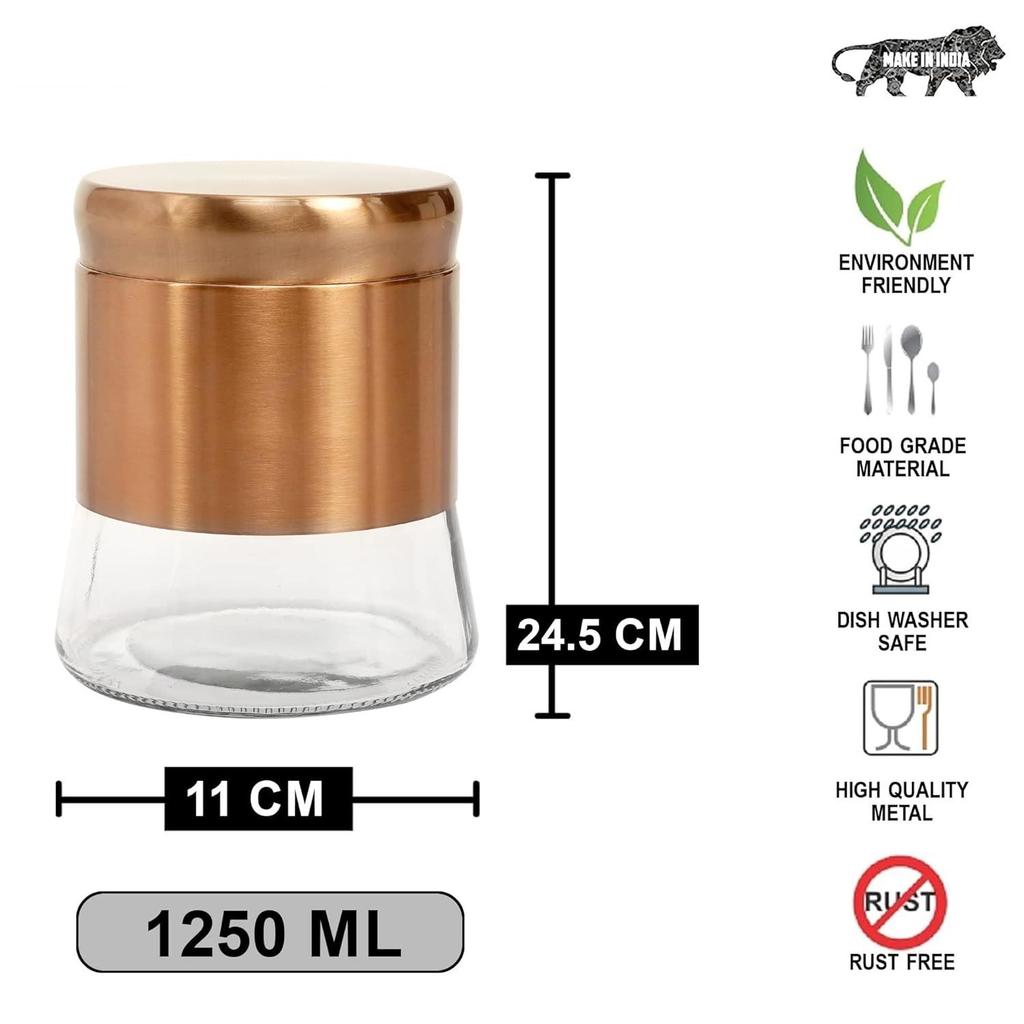 1250 ML Airtight Steel Jacketed Glass Jars Set of 4 - With Oval Glass Window Containers for Pulses, Dry Fruits, Snacks, Tea, Coffee, Kitchen Pantry