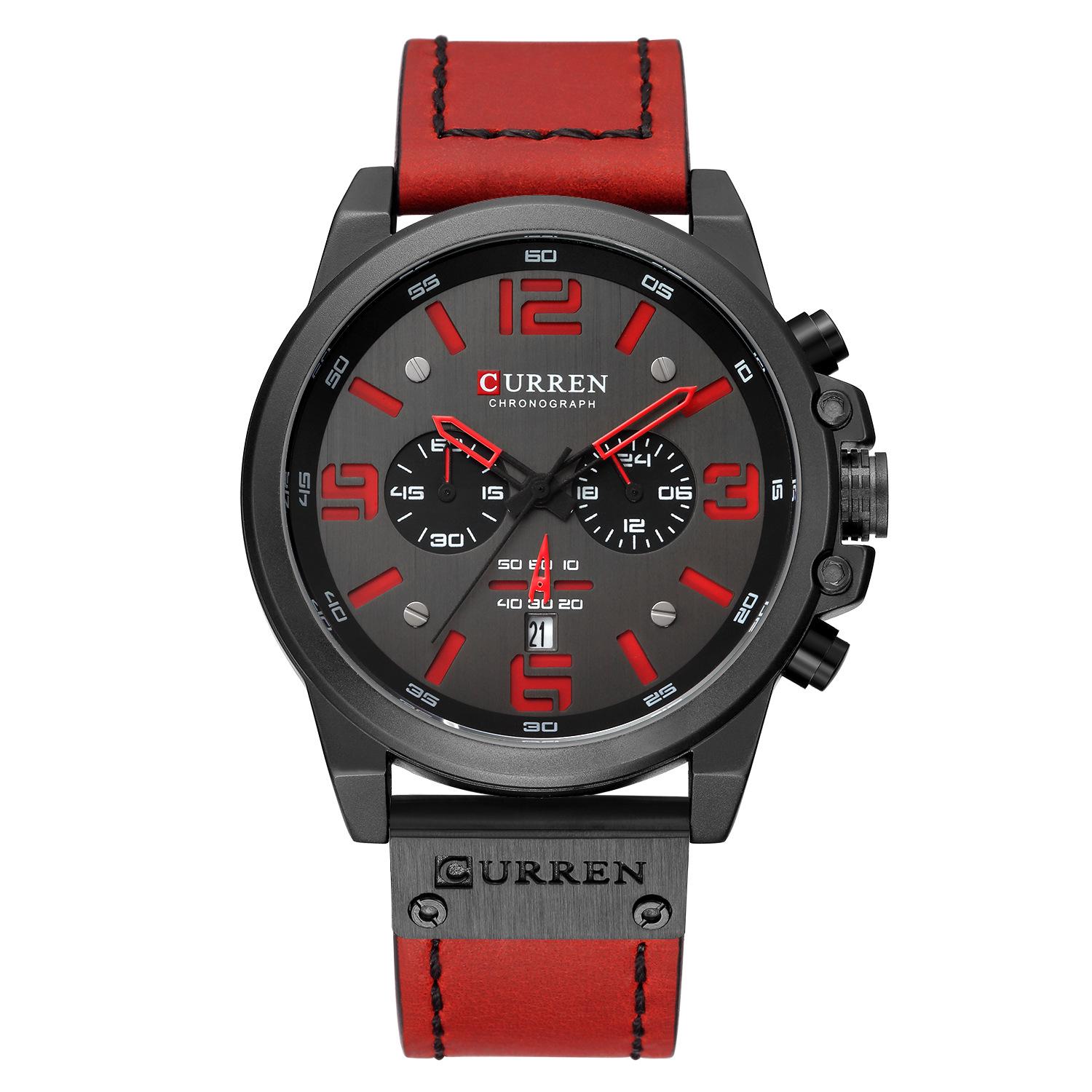 

Curren 8314 Чоловічий шестистрілочний кварцовий спортивний годинник з календарем, водонепроникний шкіряний ремінець