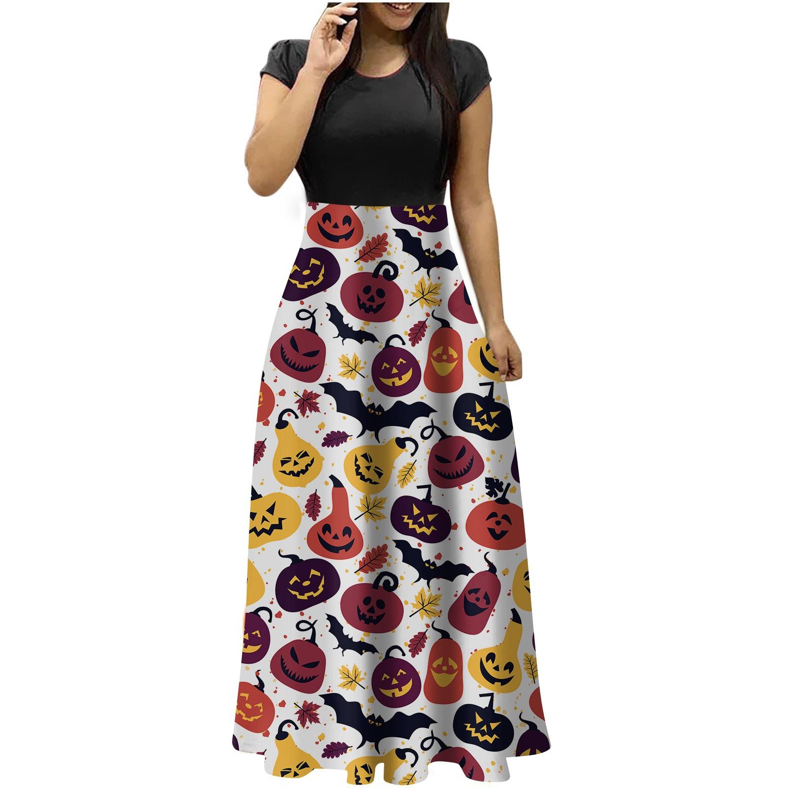 

(SU)Женская мода повседневное Хэллоуин печати круглый вырез с короткими рукавами длинные платья большого размера