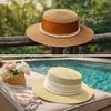 New French Hepburn Style Straw Hat Solid Color UV Protection Pearl Chain Hat Breathable Straw Weaving Flat Sun Hat Beach Wear