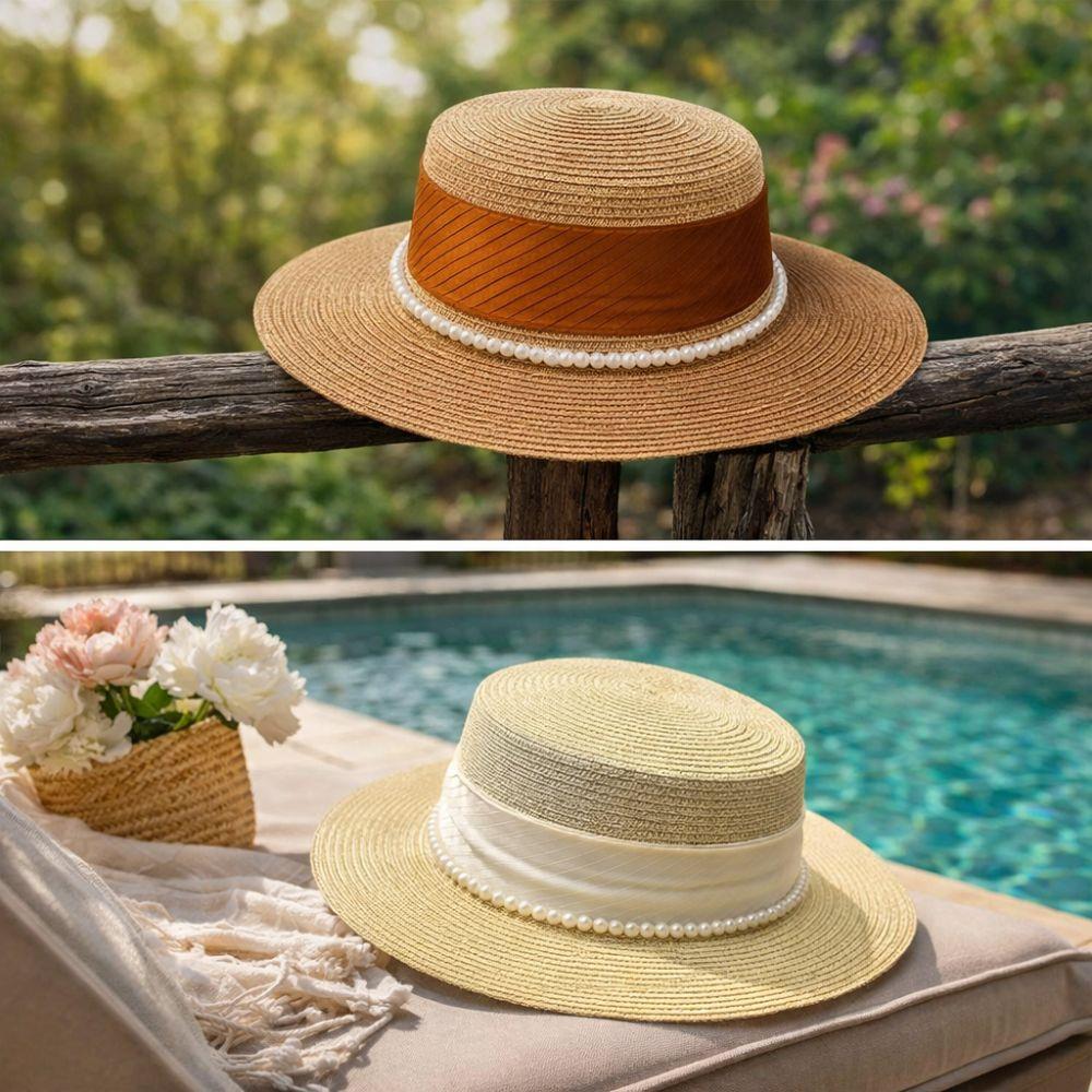 New French Hepburn Style Straw Hat Solid Color UV Protection Pearl Chain Hat Breathable Straw Weaving Flat Sun Hat Beach Wear