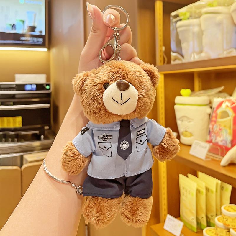Plush Police Bear Keychain: Cartoon Traffic Police & Firefighter Figure for Kids Backpack Pendant