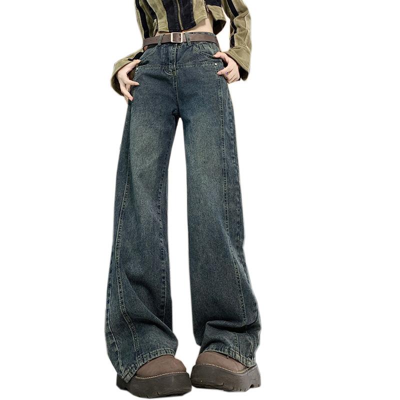 Cement Gray Loose Wide-leg Jeans Women's High-waisted Trousers American Splicing Design Niche Narrow Version Straight Mopping Trousers