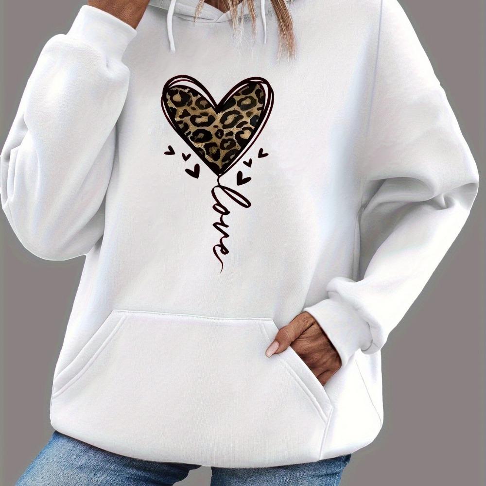 Women's autumn and winter warm and loose casual leopard print heart-shaped pattern printed velvet long sleeved hooded sweatshirt