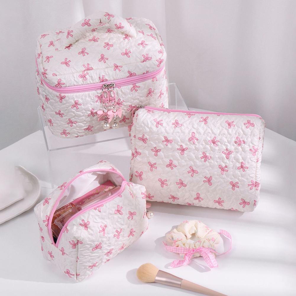 3 Pcs Cute Makeup Bag Large Capacity Quilted Storage Bag Bowknot Printed Bow Toiletry Case Travel Shopping Work Date Bag
