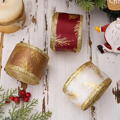 1Pc 5M Christmas Ribbon with Iron Wire Glitter Gold Leaf Printed Christmas Decoration DIY Craft Bow Gift Packing Party Decor
