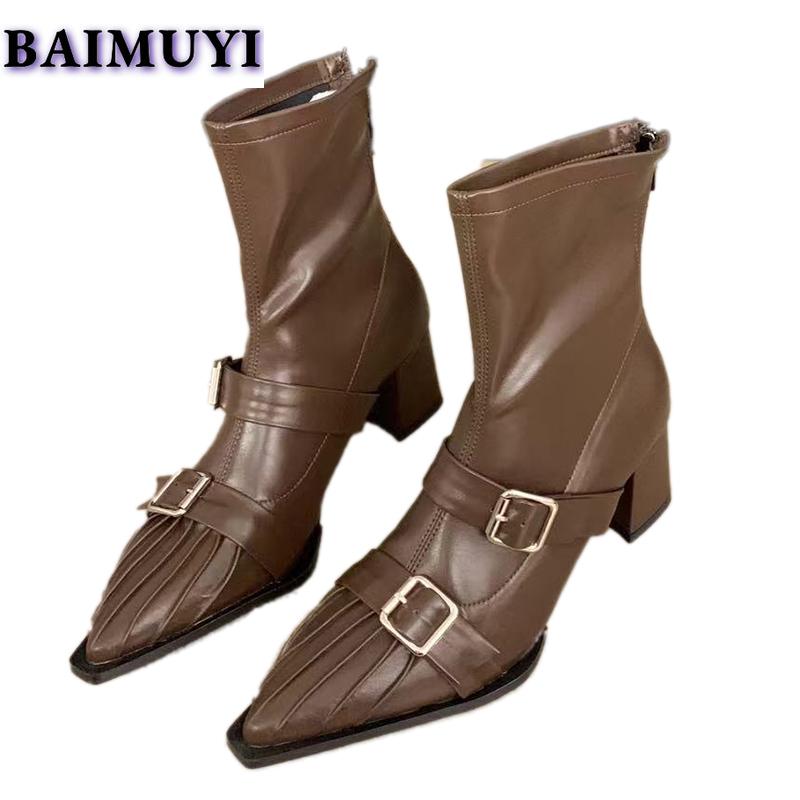 Dámské kotníkové boty na vysokém podpatku se špičatou špičkou, kancelářské boty, trend 2025, sexy značkové boty na silném podpatku v punkovém stylu, designové lodičky, dámské boty