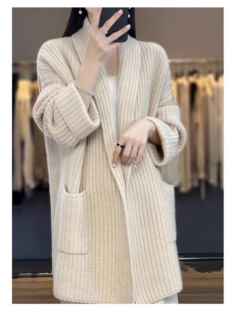 Korean Style Chunky Knit Plus Size Loose Cardigan - Autumn/Winter Women's Trendy Mid-Length Sweater Coat